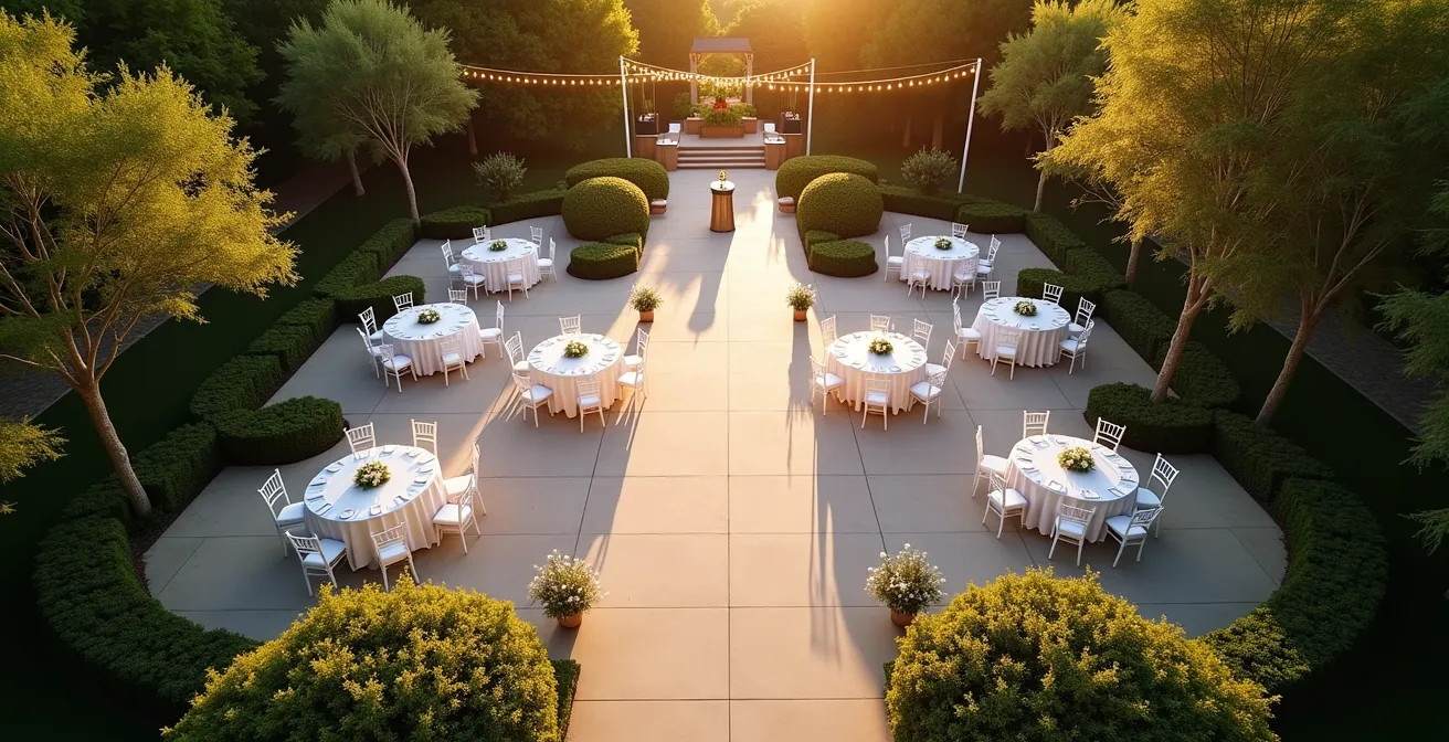 Vue aérienne d'un espace de réception avec différentes zones d'ambiance